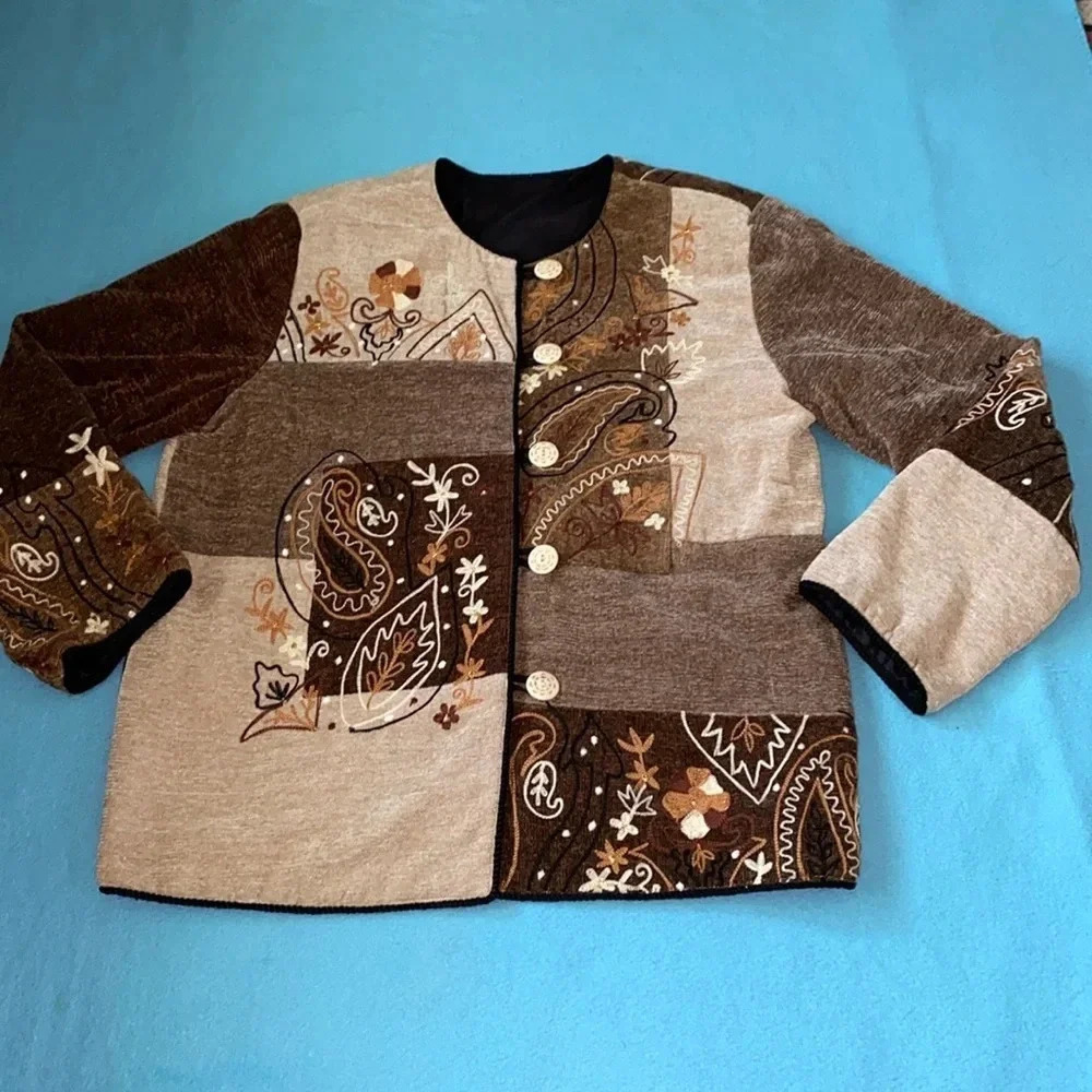 VINTAGE patchwork embroidered embellished paisley button loop closure coat SZ L